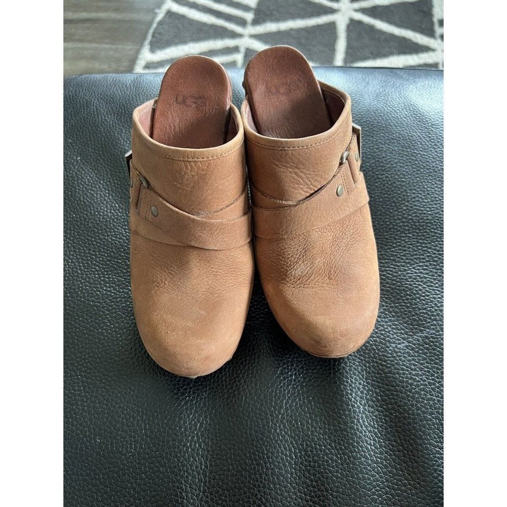 Womens UGG Clogs Women's  6 Natalee Stud Wedge Brown Leather Platform Mules